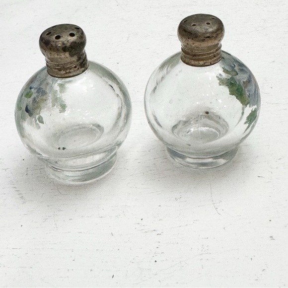 Vintage Depression Glass Salt Pepper Shaker Set with Stands Hand Painted Flowers - Picture 4 of 9